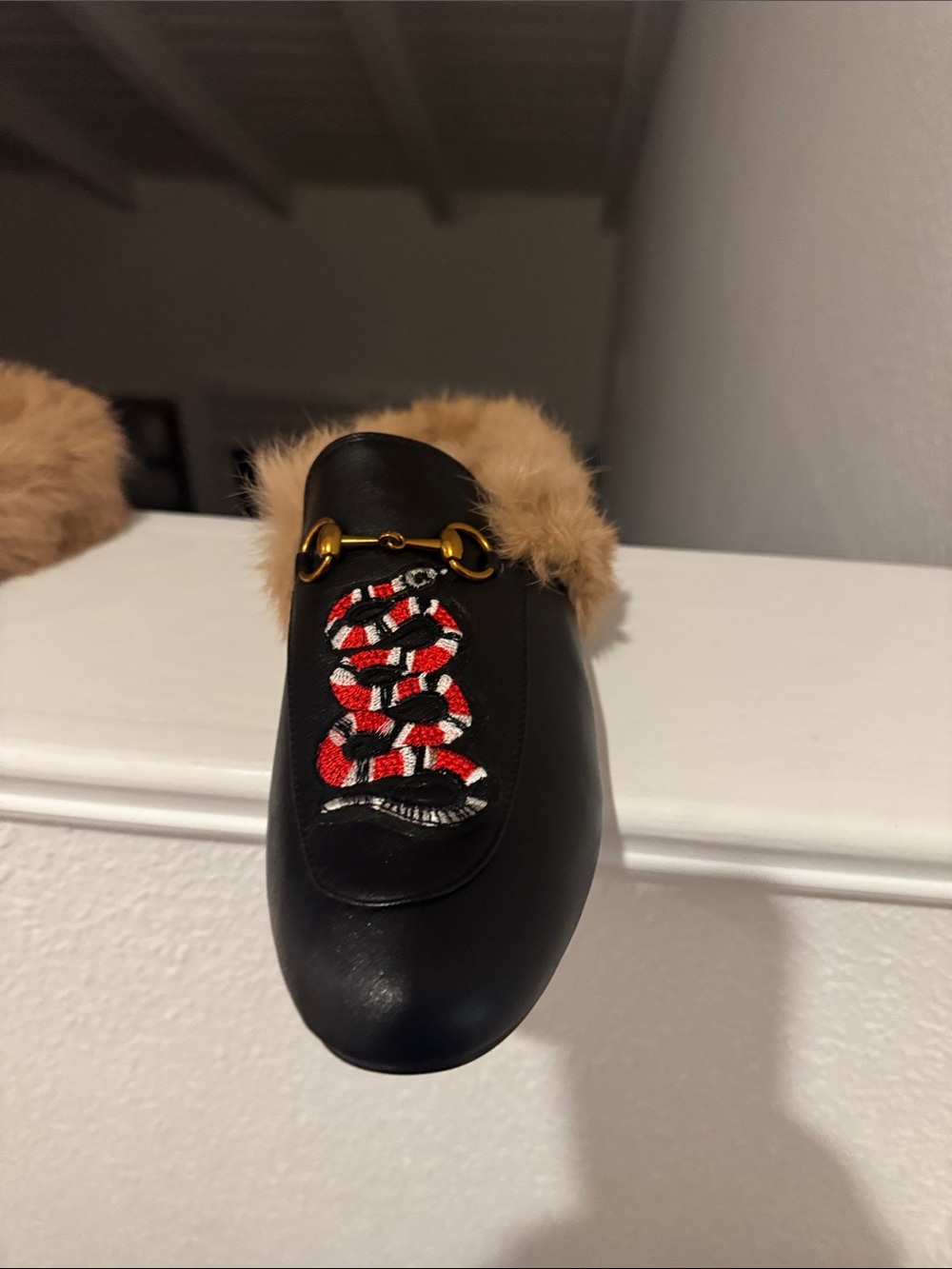 Black Fur-Lined Backless Mules with Red Snake Embroidery - Picture 3 of 6